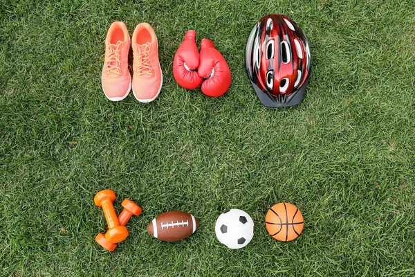 Set Sport Equipment Green Grass — Stock Photo, Image