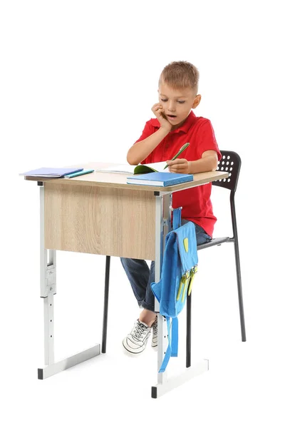Little Pupil Sitting School Desk White Background — Stock Photo, Image
