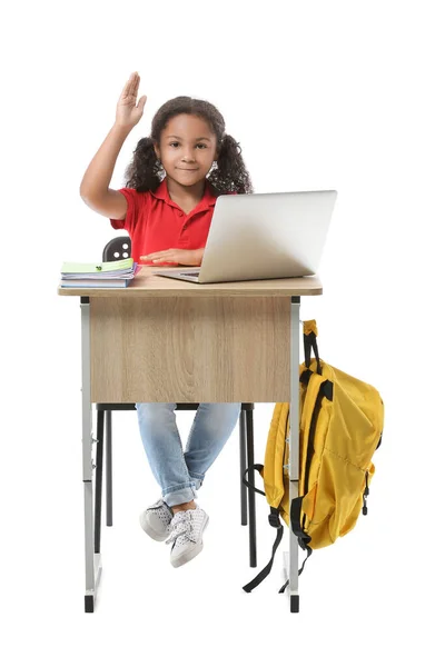 African American Schoolgirl Laptop Raised Hand Sitting School Desk White — Stock Photo, Image
