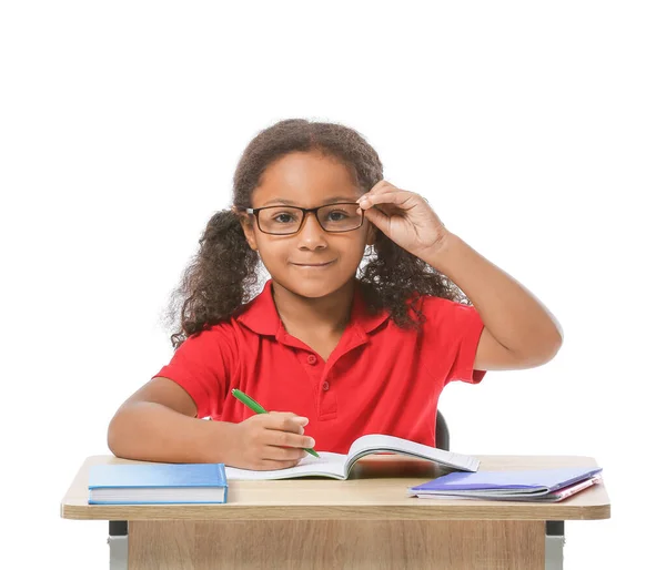 African American Schoolgirl Sitting School Desk White Background — Stock Photo, Image