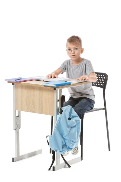 Little Pupil Sitting School Desk White Background — Stock Photo, Image