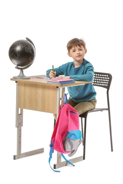 Little Pupil Sitting School Desk White Background — Stock Photo, Image