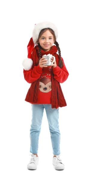 Cute Little Girl Kapeluszu Santa Claus Filiżanką Gorącej Czekolady Białym — Zdjęcie stockowe