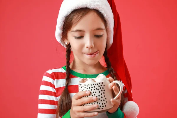 Cute Little Girl Santa Claus Hat Cup Hot Chocolate Color — Stock Photo, Image