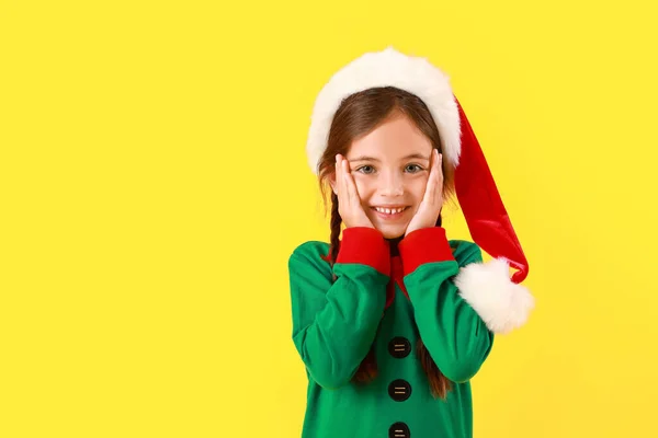 Cute Little Girl Dressed Elf Color Background — Stock Photo, Image