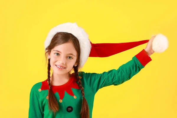 Cute Little Girl Dressed Elf Color Background — Stock Photo, Image
