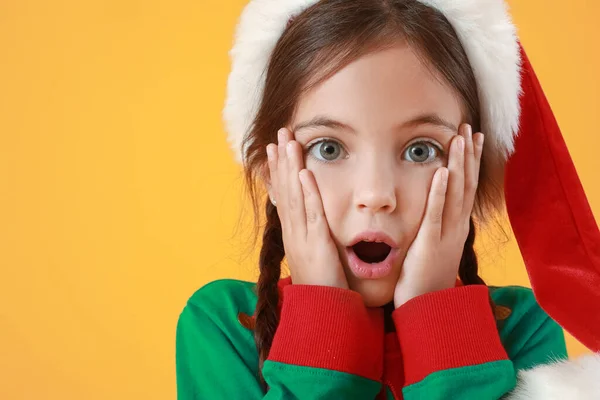 Surprised Little Girl Dressed Elf Color Background — Stock Photo, Image