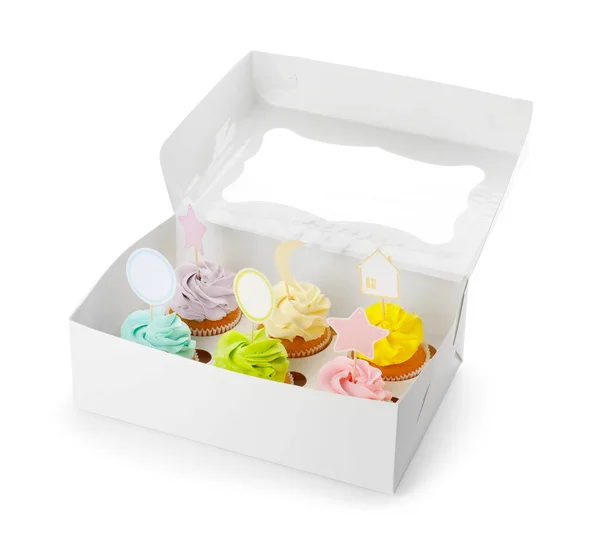 Caixa Com Cupcakes Saborosos Fundo Branco — Fotografia de Stock