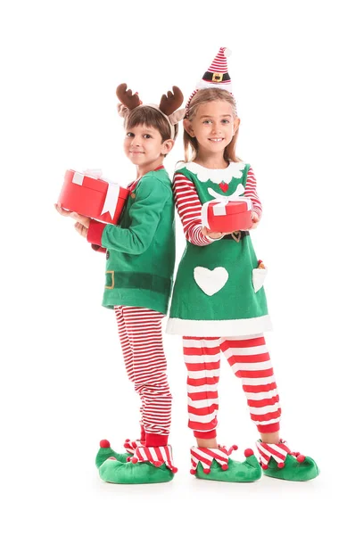 Cute Little Elves Christmas Gifts White Background — Stock Photo, Image