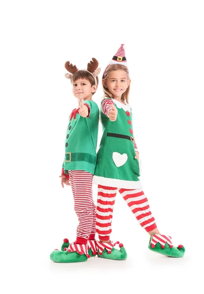 Cute Little Elves Showing Thumb Gesture White Background — Stock Photo, Image