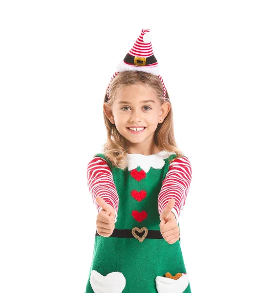 Cute Little Elf Showing Thumb Gesture White Background — Stock Photo, Image