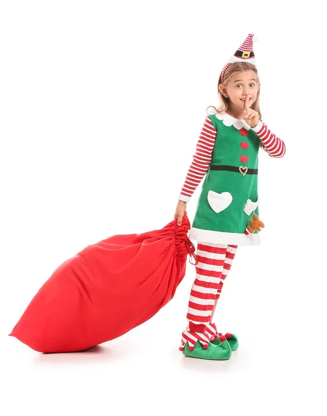 Niedliche Kleine Elfe Mit Nikolaustasche Mit Schweigegeste Auf Weißem Hintergrund — Stockfoto