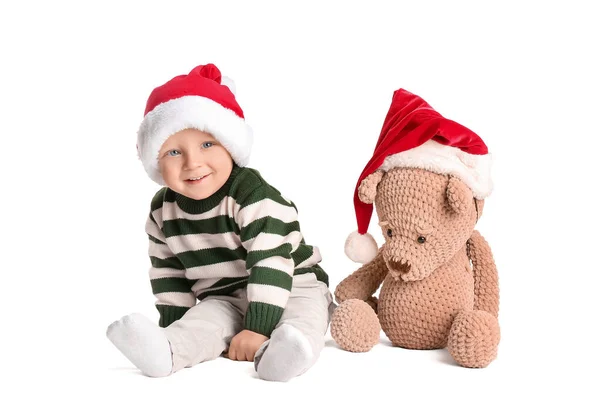 Mignon Petit Bébé Dans Chapeau Père Noël Avec Jouet Sur — Photo