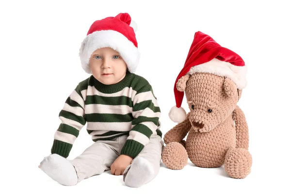 Mignon Petit Bébé Dans Chapeau Père Noël Avec Jouet Sur — Photo