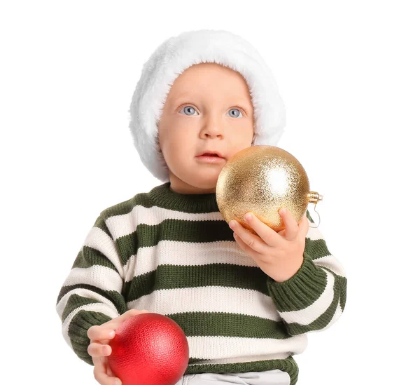 Bebê Bonito Chapéu Papai Noel Com Bolas Natal Fundo Branco — Fotografia de Stock