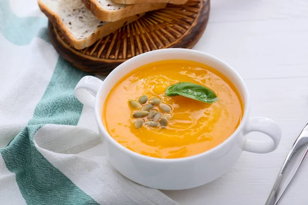 Lekkere Pompoensoep Pot Tafel — Stockfoto