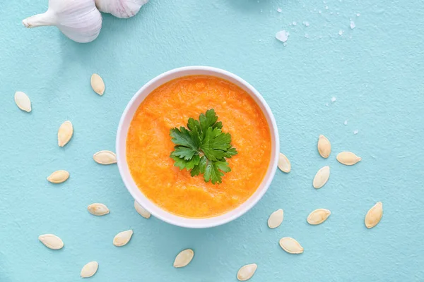 Tasty Pumpkin Cream Soup Bowl Color Background — Stock Photo, Image