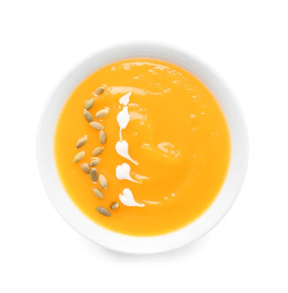 Savoureuse Soupe Crème Citrouille Dans Bol Sur Fond Blanc — Photo