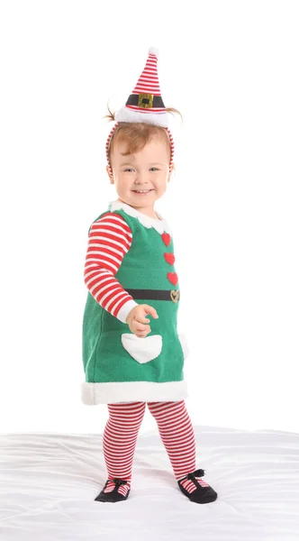 Schattig Klein Baby Kerst Elf Kostuum Witte Achtergrond — Stockfoto