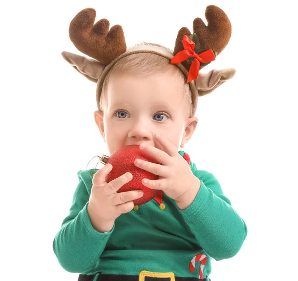 Schattig Klein Baby Kerstmis Kostuum Witte Achtergrond — Stockfoto