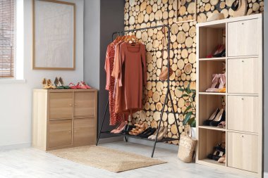 Elbise askısı, çekmecesi ve kadın ayakkabısı olan soyunma odasının içinde.