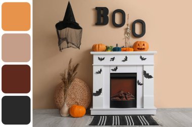 Fireplace with Halloween decor near beige wall in living room. Different color patterns