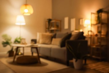 Blurred view of dark living room with glowing lamps, sofa and shelf units in evening