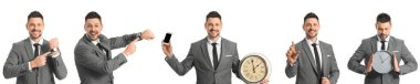 Set of businessman with clock and watch on white background. Time management concept