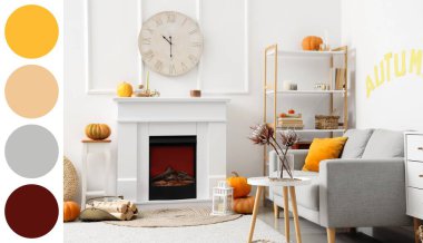 Interior of light living room with white fireplace, table, grey sofa and autumn pumpkins. Different color patterns
