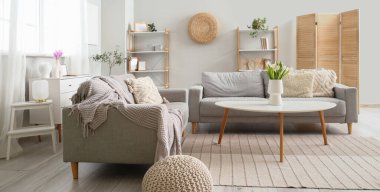 İçinde kanepeler ve kahve masası olan modern oturma odası.