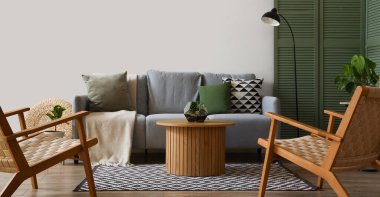 Gri kanepesi, koltuğu ve sehpası olan modern oturma odasının içinde.