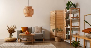 Gri kanepesi, sehpası ve katlanır ekranı olan modern oturma odasının içinde.