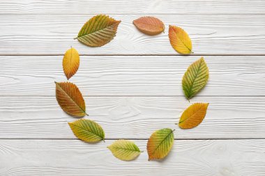 Hafif ahşap zemin üzerinde düşen güzel yapraklardan yapılmış çerçeve