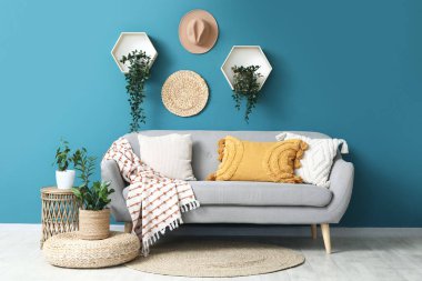 Yumuşak yastıklı rahat gri kanepe ve oturma odasındaki mavi duvarın yanında farklı bitkiler.