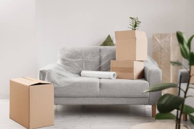 Taşındığı gün odada streç film ve kutular olan kanepe