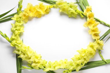 Gri arkaplanda güzel sarı gladiolus çiçeklerinden yapılmış çerçeve