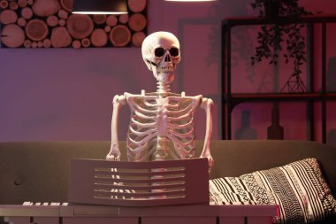 Human skeleton model with synthesizer in dark living room