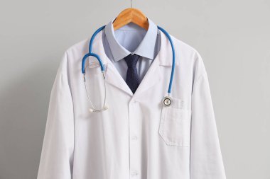 Işık arkaplanda steteskoplu doktor üniforması.