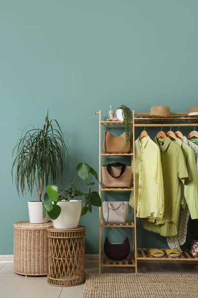 Giysi askıları, çantaları ve bitkileri olan bir soyunma odası.