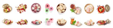 Collage of tasty Turkish delight on white background