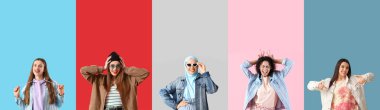 Collage of young women in stylish jackets on color background