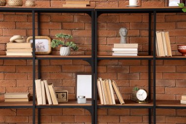 Tuğla duvarın yanında kitapları ve dekorasyonu olan raf ünitesi