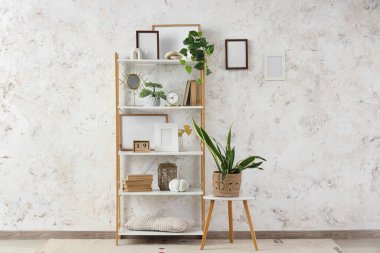 Shelf unit with books and plants near white grunge wall in room