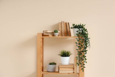 Bej duvarın yanında kitap ve bitkilerle ahşap raf ünitesi.