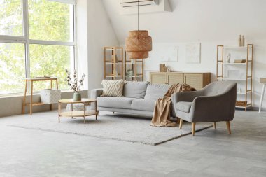 Interior of light living room with cotton flowers in vase, sofa and armchair