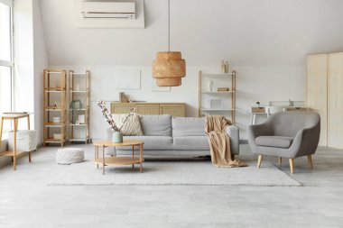 Interior of light living room with cotton flowers in vase, sofa and armchair
