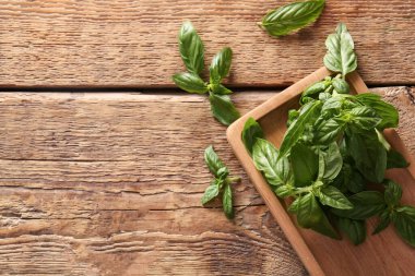 Ahşap arka planda taze fesleğen yapraklı tepsi