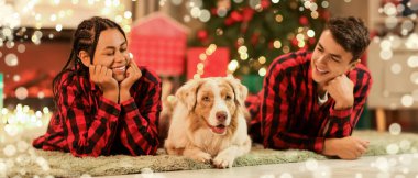 Noel arifesinde evde köpekli pijamalı mutlu bir çift.