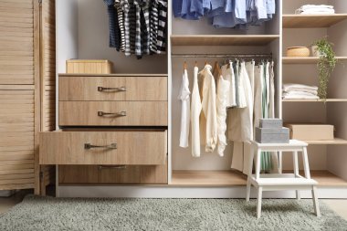 Wardrobe with hanging clothes and drawers in dressing room
