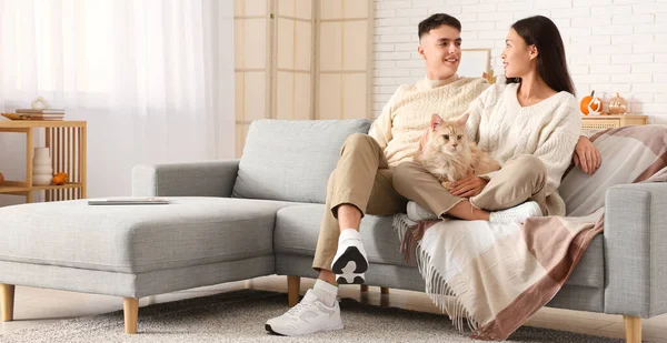 Oturma odasındaki kanepede oturan sevimli Maine Rakunu kedisiyle güzel genç bir çift.